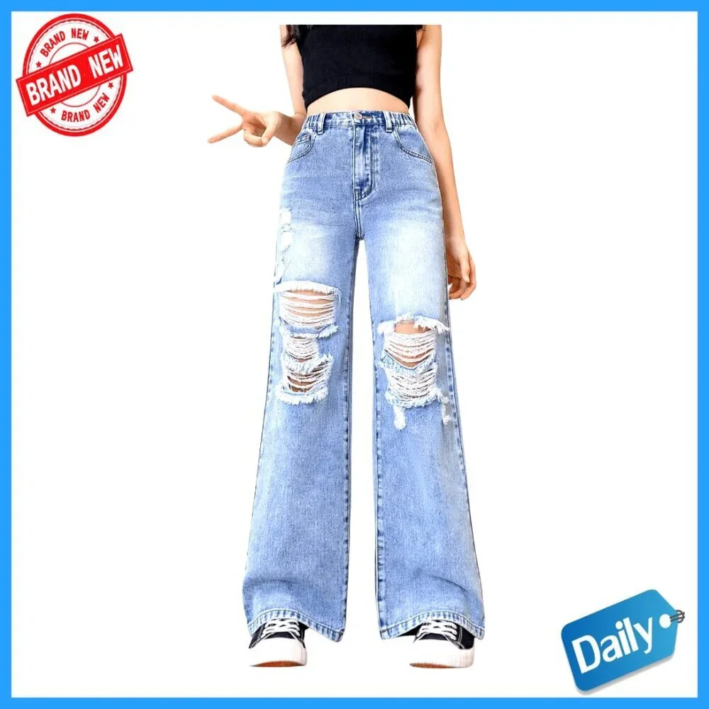 Girl's High Waist Elastic Ripped Wide Leg Jeans Distressed Denim Pants